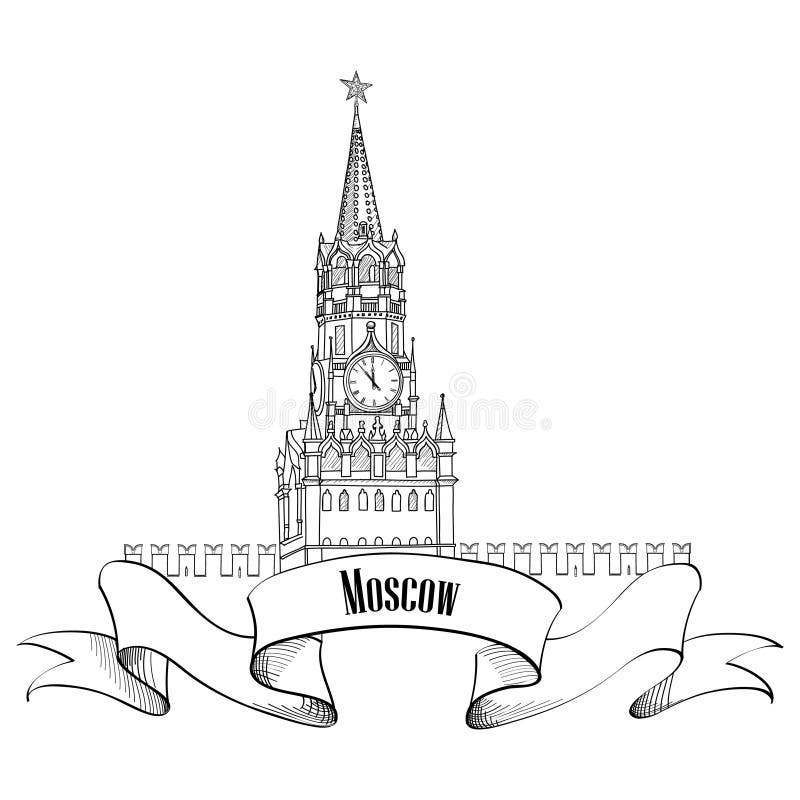 Spasskaya tower, Red Square, Kremlin, Moscow, Russia. Moscow City Label. Travel icon vector hand drawn illustration. Spasskaya tower, Red Square, Kremlin, Moscow, Russia. Moscow City Label. Travel icon vector hand drawn illustration.