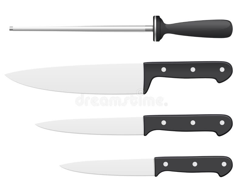 Set of steel kitchen knives. Includes carving, paring, and utility knives. Set of steel kitchen knives. Includes carving, paring, and utility knives.