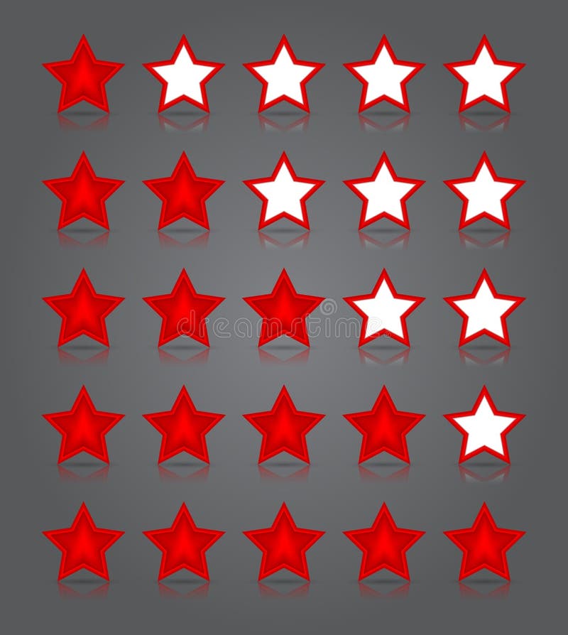 Комплект стекла икон App. 5 лоснистых номинальностей звезд красного цвета иллюстрация штока Комплект стекла икон App. 5 лоснистых номинальностей звезд красного цвета иллюстрация штока