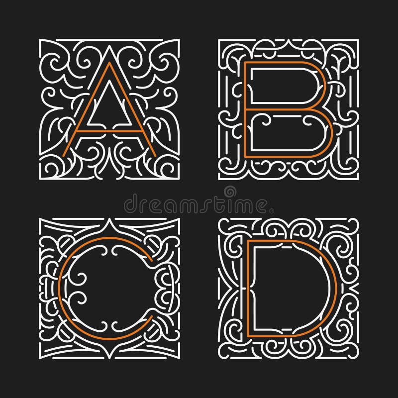 Комплект стильных шаблонов эмблемы вензеля Письма a, b, c, D также вектор иллюстрации притяжки corel иллюстрация штока