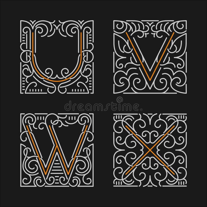 Комплект стильных шаблонов эмблемы вензеля Письма u, v, w, x также вектор иллюстрации притяжки corel иллюстрация штока