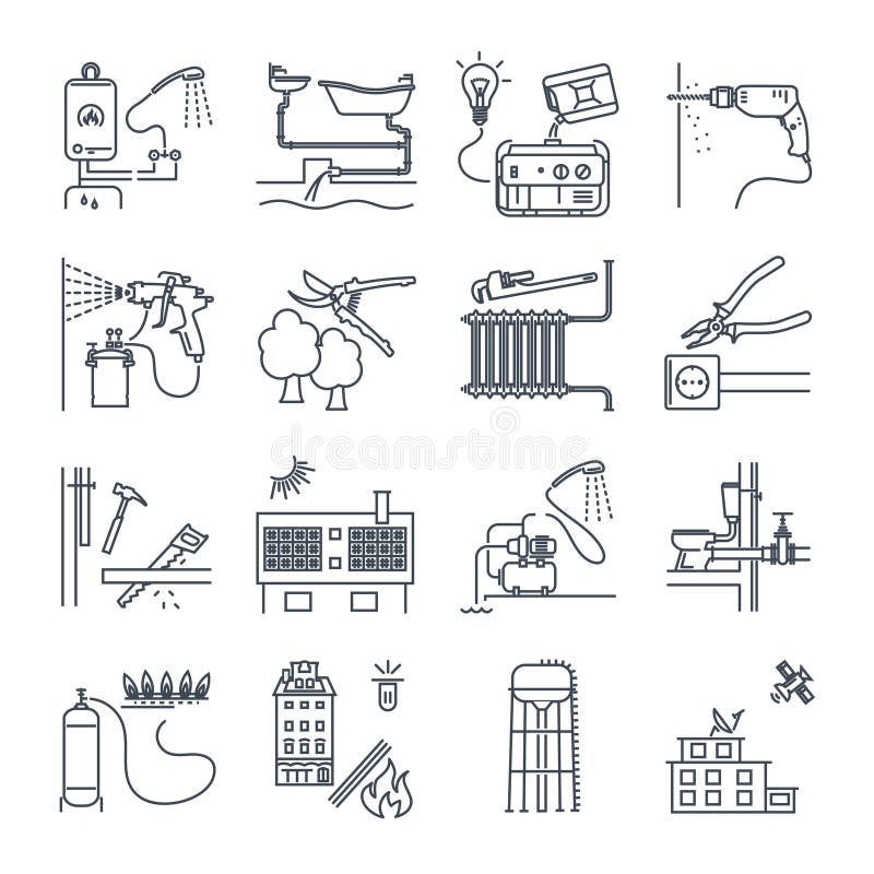 Set of thin line icons public utility, electricity, gas, water, heating, sewer system. Set of thin line icons public utility, electricity, gas, water, heating, sewer system