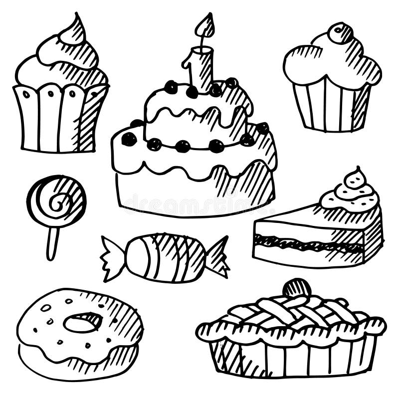 Комплект тортов, пирожных, помадок, эскизов doodle бесплатная иллюстрация Комплект тортов, пирожных, помадок, эскизов doodle бесплатная иллюстрация