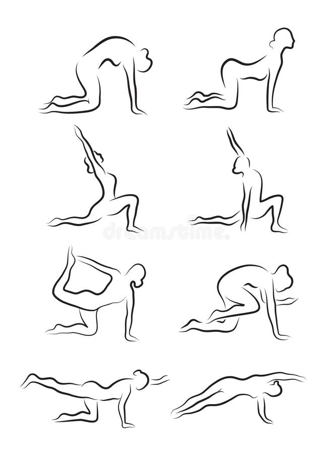 Комплект эскизов силуэтов asanas йоги включенная йога девушки также вектор иллюстрации притяжки corel