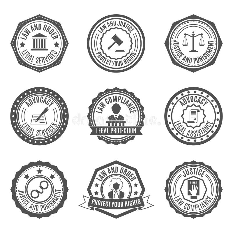 Legal services rights protect advocacy service labels set isolated vector illustration. Legal services rights protect advocacy service labels set isolated vector illustration