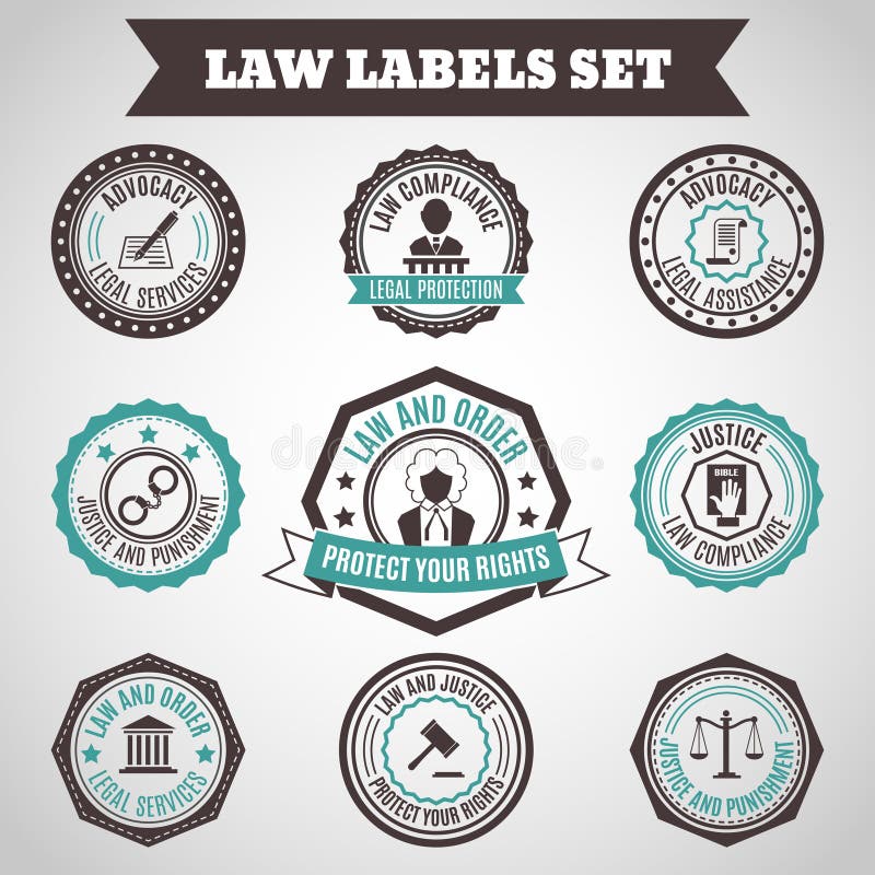 Legal protection services layer crime and punishment labels set isolated vector illustration. Legal protection services layer crime and punishment labels set isolated vector illustration