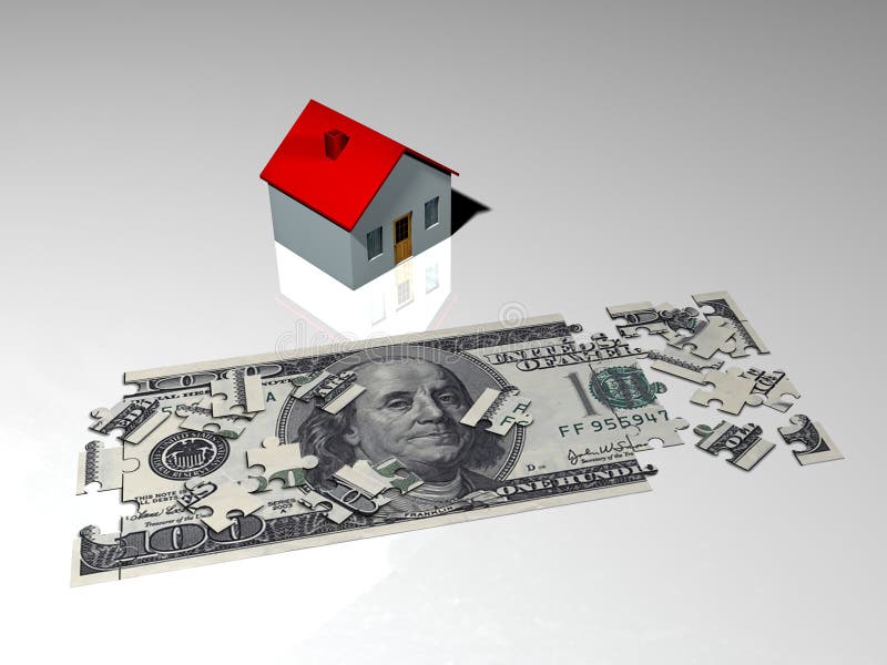 A puzzle of a hundred dollars bank note in front of a little house, symbolising the difficulty to pay a mortgage. A puzzle of a hundred dollars bank note in front of a little house, symbolising the difficulty to pay a mortgage