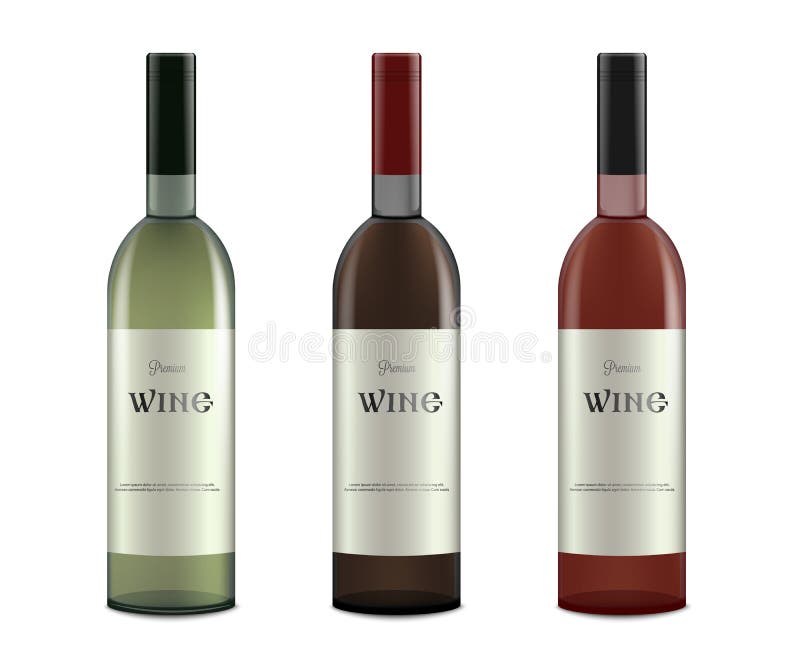 Set of white, rose and red wine bottles with blank labels realistic vector illustration mockup isolated on white background. Alcohol bottles template for brand identity. Set of white, rose and red wine bottles with blank labels realistic vector illustration mockup isolated on white background. Alcohol bottles template for brand identity.