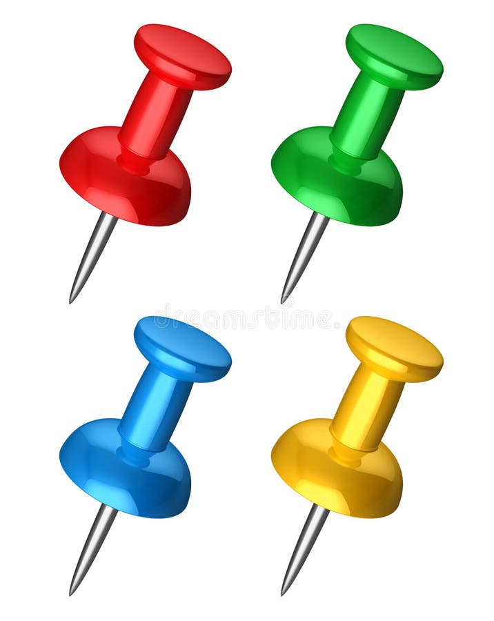 Set of color office pushpins or thumbtacks for business paperwork isolated on white background. Set of color office pushpins or thumbtacks for business paperwork isolated on white background