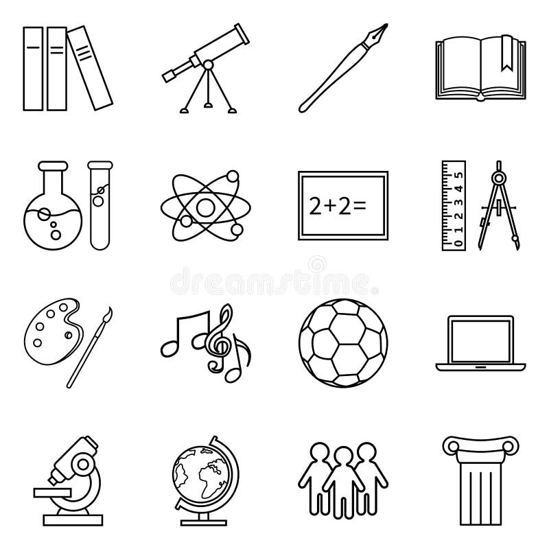 Vector Set of Black Outline Icons - School Subject Icons. Education Symbol. Vector Set of Black Outline Icons - School Subject Icons. Education Symbol.