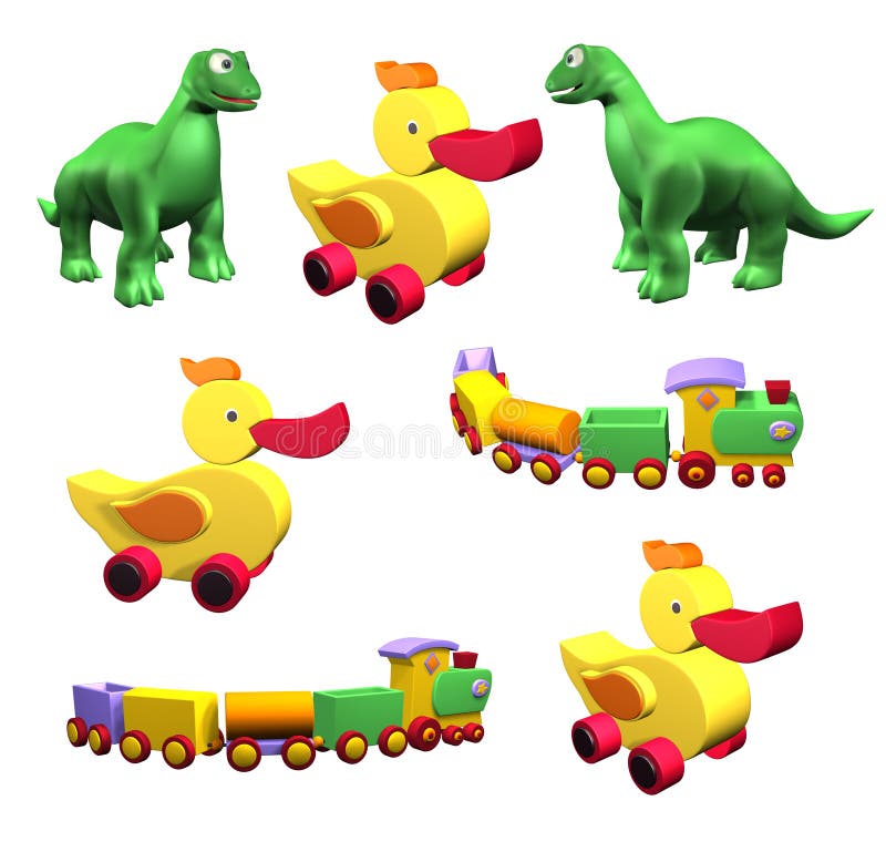 Комплект игрушек цветастых детей: утка, dino, изолированный поезд иллюстрация вектора