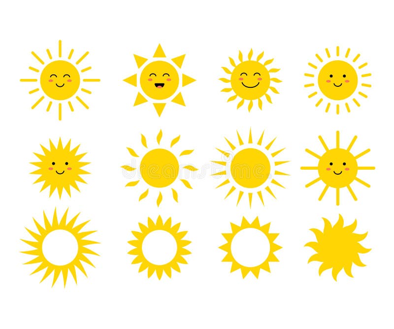 Комплект солнец Милые солнца Желтые стороны Emoji Смайлики лета также вектор иллюстрации притяжки corel иллюстрация вектора
