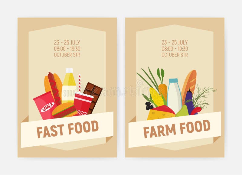 Комплект шаблонов рогульки или плаката для пищевых продуктов фермы и фаст-фуда украшенных с плодоовощами, овощами, закусками, вып иллюстрация штока Комплект шаблонов рогульки или плаката для пищевых продуктов фермы и фаст-фуда украшенных с плодоовощами, овощами, закусками, вып иллюстрация штока