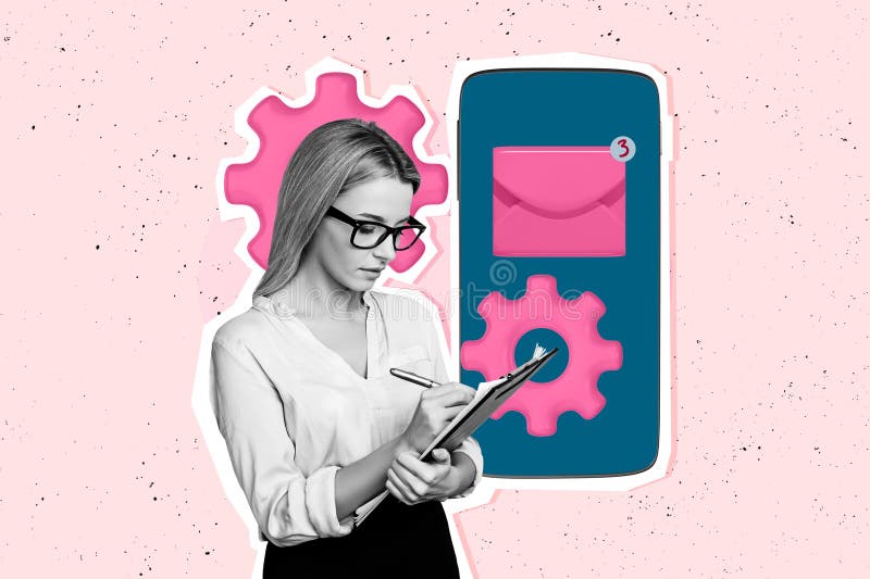 композитный фотоколлаж серьезной девушки написать буфер обмена iphone передачи настройки письма изолированы стоковые фотографии rf