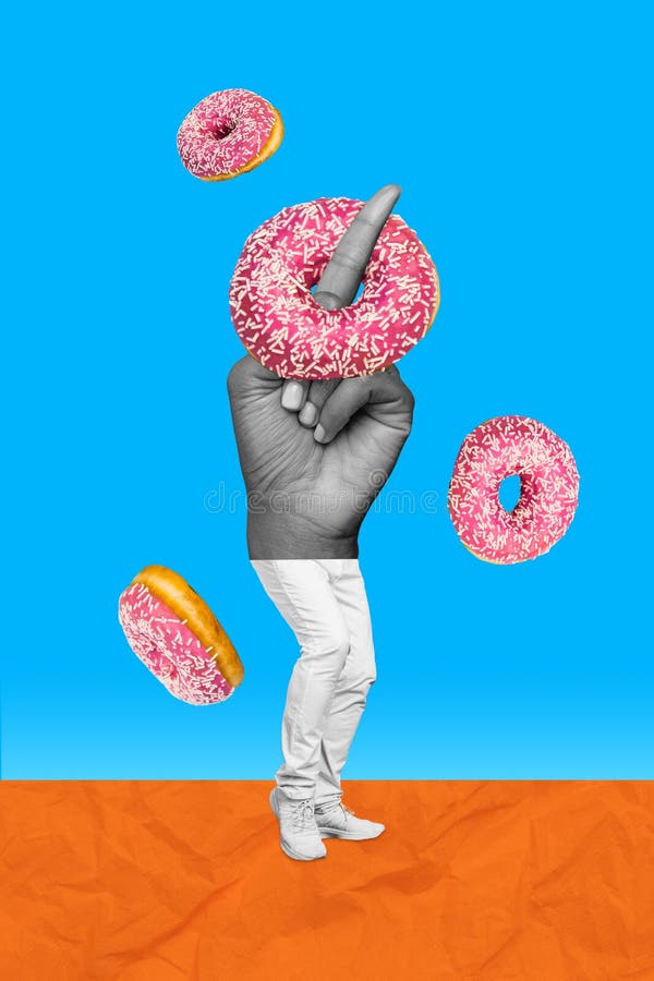 Composite sketch image artwork photo collage of young guy incognito bodyless show finger point direction way wear on palm sweet donut. Composite sketch image artwork photo collage of young guy incognito bodyless show finger point direction way wear on palm sweet donut.