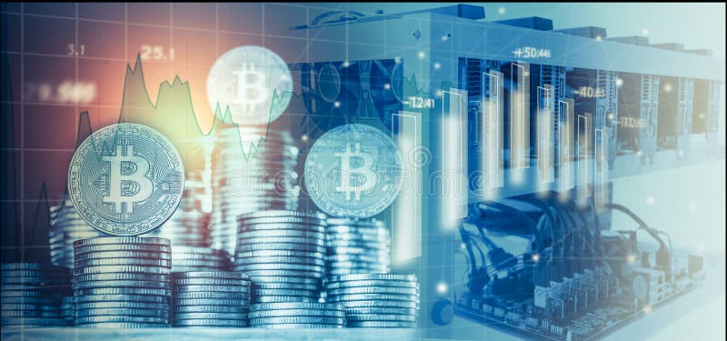 Компьютер для минирования Bitcoin и bitcoin чеканят на диаграммах фондовой биржи стоковые изображения Компьютер для минирования Bitcoin и bitcoin чеканят на диаграммах фондовой биржи стоковые изображения