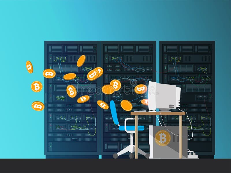 Компьютер на серверах предпосылки Bitcoin понижается из монитора иллюстрация штока Компьютер на серверах предпосылки Bitcoin понижается из монитора иллюстрация штока