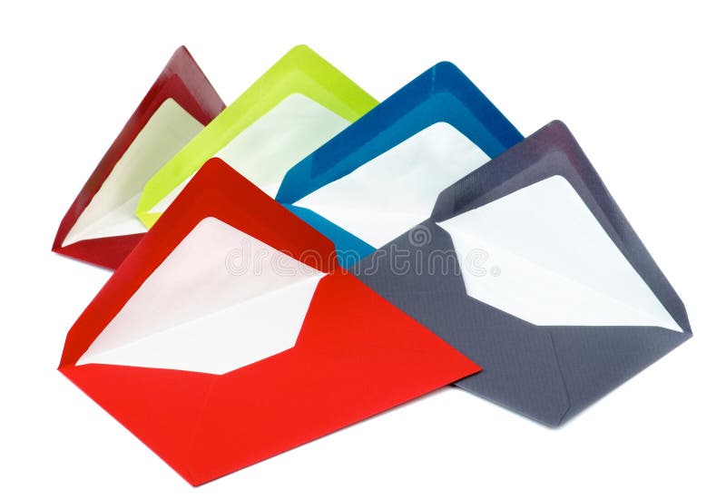 Arrangement of Five Colored Paper Envelopes isolated on white background. Arrangement of Five Colored Paper Envelopes isolated on white background