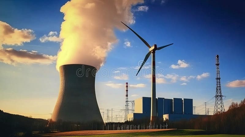 контрастная энергия на восходе солнца : ветряные турбины и АЭС иллюстрация штока