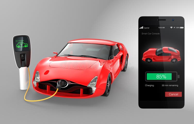 Контролировать положение электрического автомобиля поручая умным телефоном app иллюстрация вектора Контролировать положение электрического автомобиля поручая умным телефоном app иллюстрация вектора