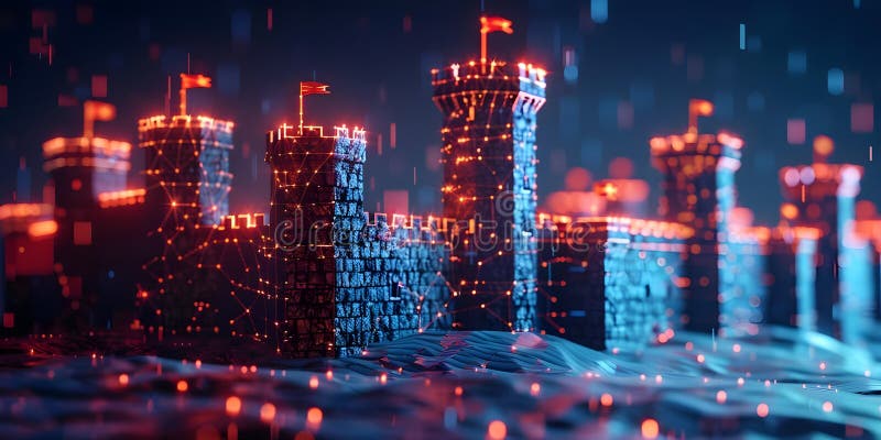 концептуальное изображение цифровой крепости, защищающей от эволюционирующих киберугроз. концепция иллюстрация вектора