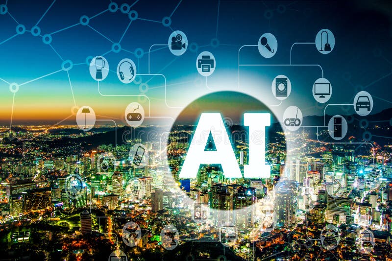 Концепция AI или искусственного интеллекта с современным городским городом на ноче стоковое изображение Концепция AI или искусственного интеллекта с современным городским городом на ноче стоковое изображение