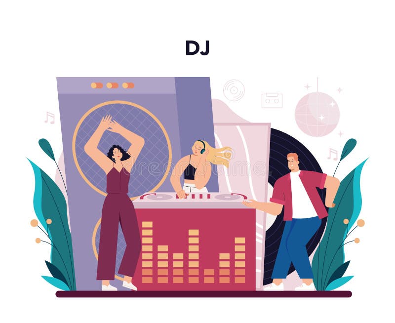 концепция dj. человек, стоящий за микшером, делает музыку иллюстрация вектора