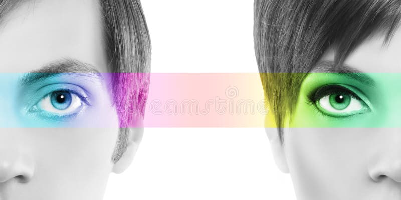 Концепция Oculistic, человек половинной женщины портрета половинный, наблюдает красочный r стоковое фото rf Концепция Oculistic, человек половинной женщины портрета половинный, наблюдает красочный r стоковое фото rf