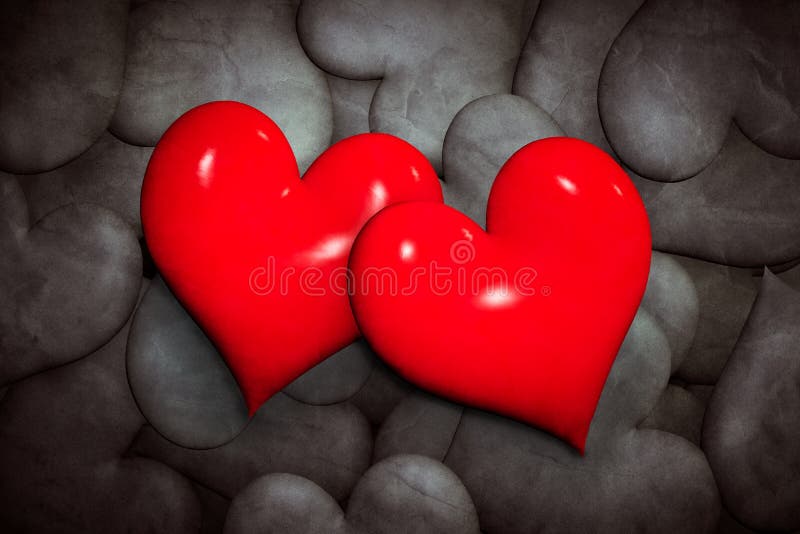 Концепция влюбленности находки 2 красных сердца среди много черно-белых одних