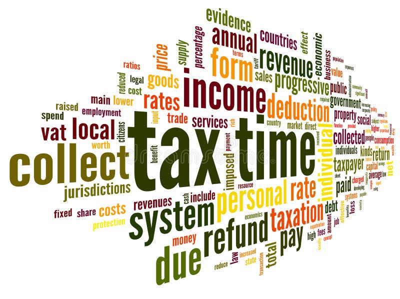 Tax time concept in word tag cloud on white background. Tax time concept in word tag cloud on white background