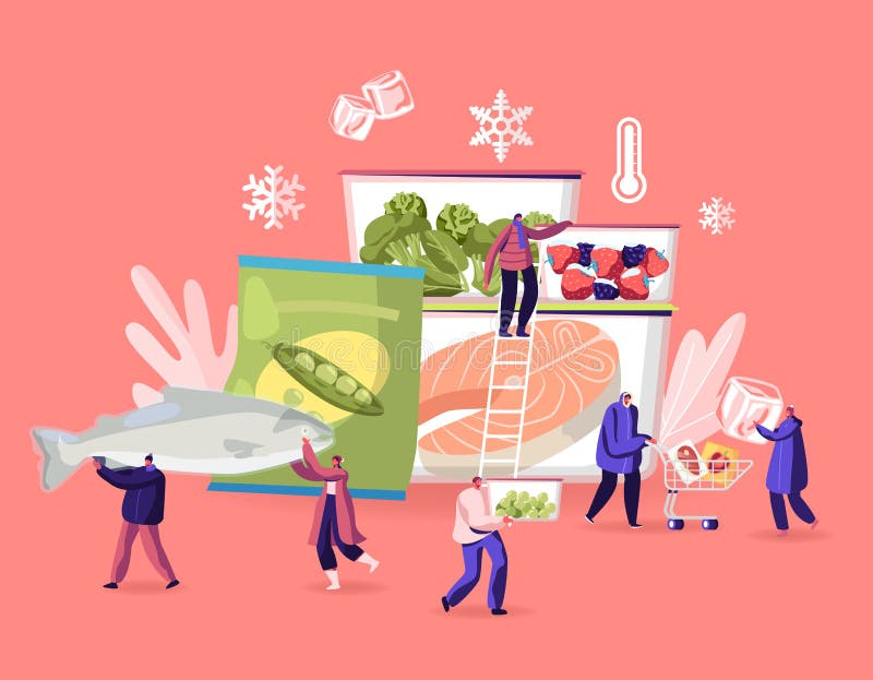 Концепция замороженных продуктов. Крошечный мужские и женские персонажи покупки и кулинарии естественные замороженные продукты све иллюстрация штока
