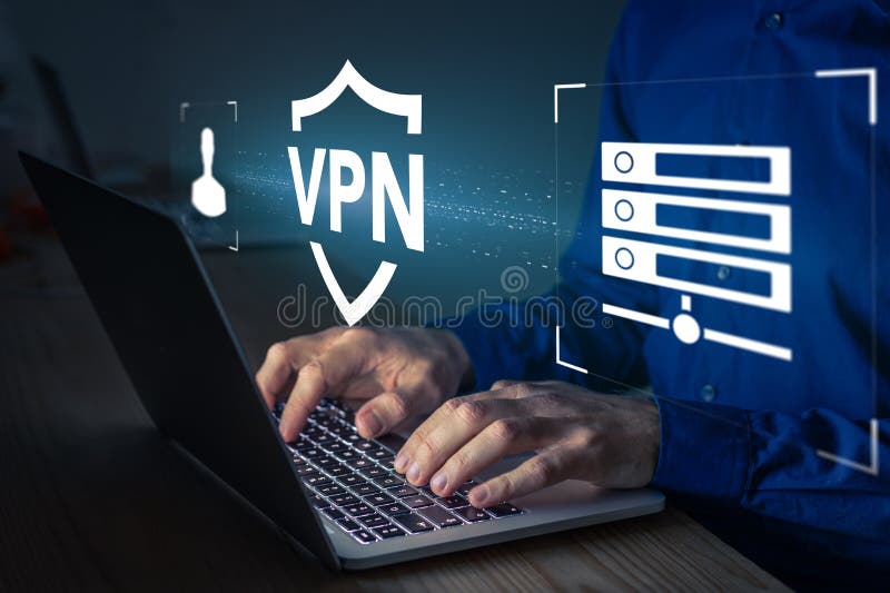 концепция защищенного подключения vpn. человек, использующий технологию виртуальной частной сети на ноутбуке для создания зашифров стоковое фото