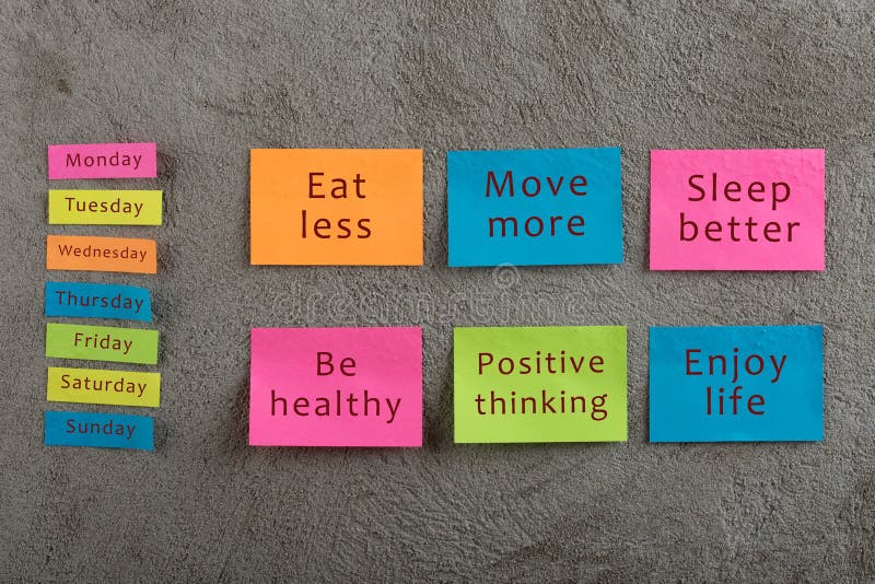 Health and motivation concept - Many colorful sticky note with words eat less, move more, sleep better, be healthy, positive thinking, enjoy life and days of week on grey cement background, sticker, nutrition, stop, gmo, 100, percent, organic, diet, plan, fitness, loss, gluten, free, vegetarian, weight, lifestyle, dieting, food, text, detox, measure, overweight, toxins, care, body, eating, time, encourage, gym, healthcare. Health and motivation concept - Many colorful sticky note with words eat less, move more, sleep better, be healthy, positive thinking, enjoy life and days of week on grey cement background, sticker, nutrition, stop, gmo, 100, percent, organic, diet, plan, fitness, loss, gluten, free, vegetarian, weight, lifestyle, dieting, food, text, detox, measure, overweight, toxins, care, body, eating, time, encourage, gym, healthcare