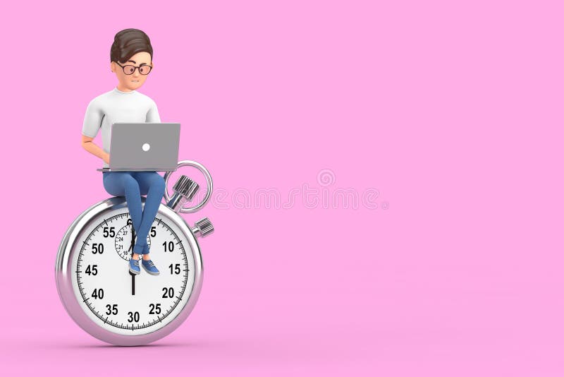 концепция крайнего срока. персонаж мультфильма бизнесмен с ноутбуком, работающим над секундомером 3d рендеринг иллюстрация вектора