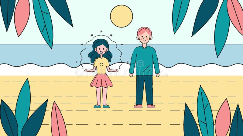 Концепция летнего отдыха на пляже. Молодая пара стоит на пляже с пальмами на фоне. Friendly улыбка иллюстрация штока