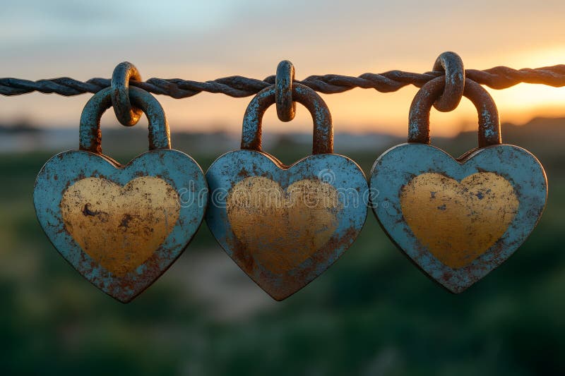 Концепция любви и романтики с HeartShaped Rusty Padlocks на проводах в Sunset Generative AI бесплатная иллюстрация