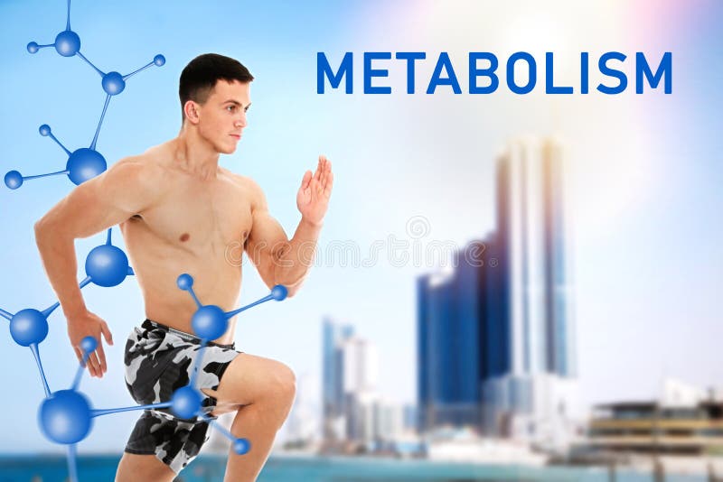 концепция метаболизма. иллюстрация молекулярной цепи и атлетичный молодой человек, бегающий у моря в солнечный день стоковое фото