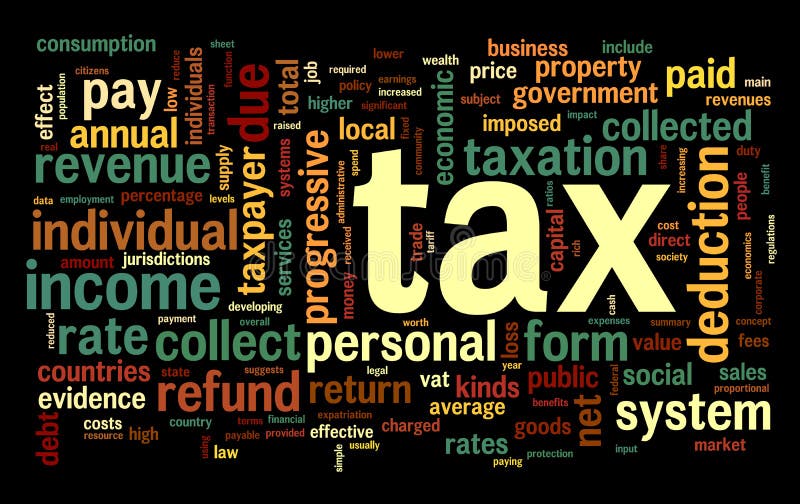 Tax concept in word tag cloud on black background. Tax concept in word tag cloud on black background