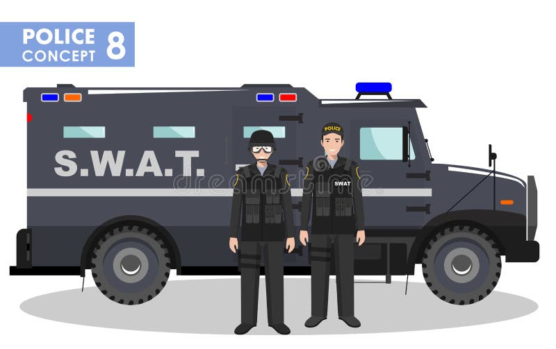 Концепция полиции Детальная иллюстрация офицера, полицейския и броневой машины СВАТ в плоском стиле на белой предпосылке бесплатная иллюстрация