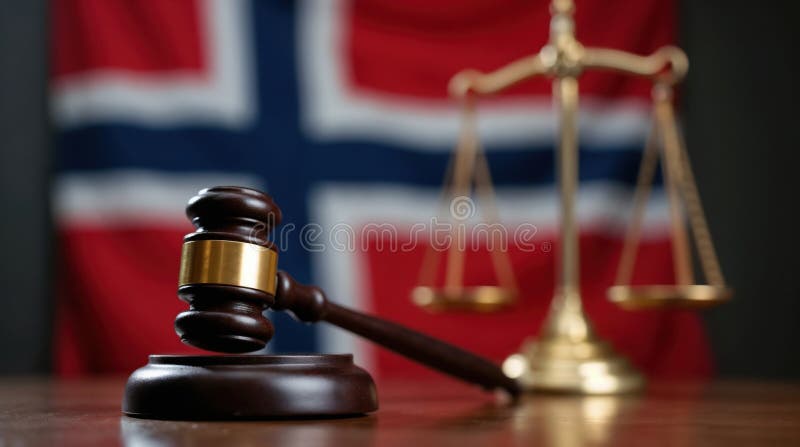 Концепция правовой справедливости с чешуйками и норвежским флагом иллюстрация вектора