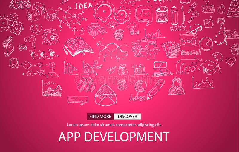 Концепция развития App с стилем дизайна Doodle бесплатная иллюстрация