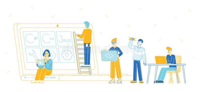 Концепция развития начала. Разработчики создают кодирование web интерфейса и программирование на ноутбуке иллюстрация штока