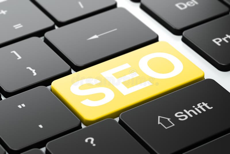 Концепция развития сети: SEO на предпосылке клавиатуры компьютера иллюстрация штока
