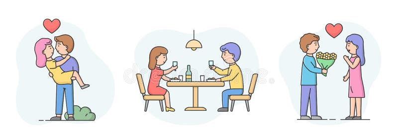 Концепция романтических отношений. Настройка пар мужчина и женщина в любви. Возбужденная девушка выглядит мальчика. Пара в любви иллюстрация штока