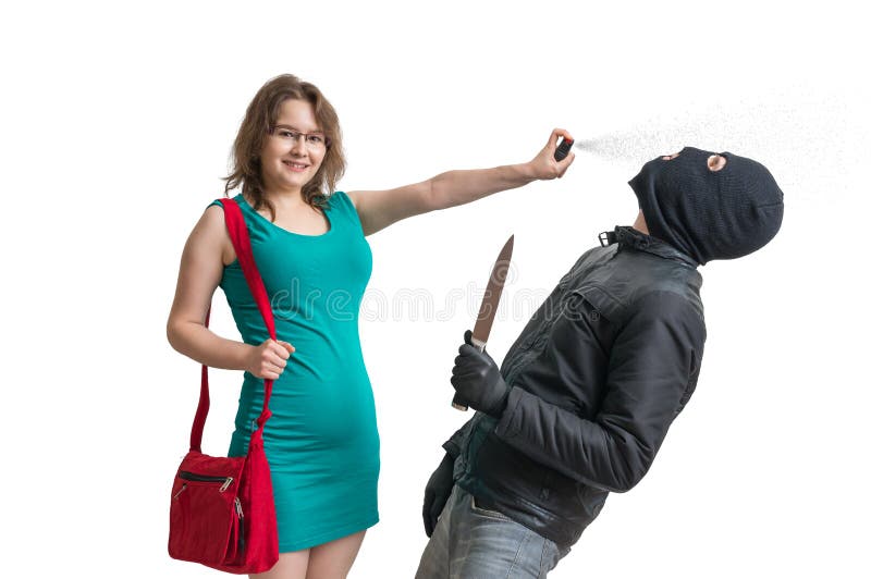 Self defense concept. Young women is defending herself with pepper spray against robber with knife. Isolated on white background. Self defense concept. Young women is defending herself with pepper spray against robber with knife. Isolated on white background.