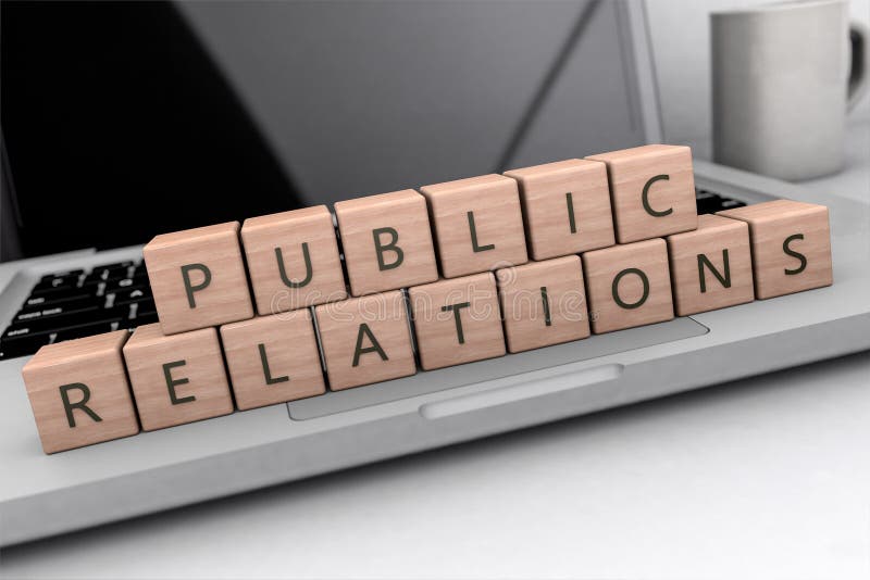 Public Relations - wooden letters on notebook computer - 3d render illustration. Public Relations - wooden letters on notebook computer - 3d render illustration.