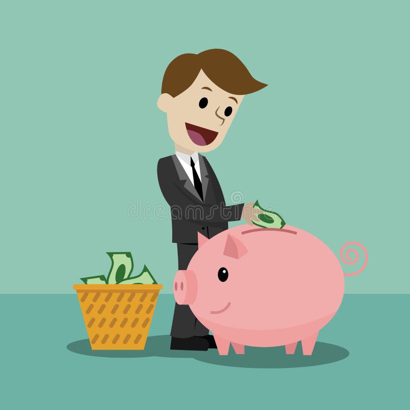 Концепция финансов и отношений Бизнесмен с банком свиньи