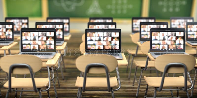 концепция электронного обучения через интернет. дистанционное обучение. школьный стол и ноутбуки с приложением для проведения конф иллюстрация штока