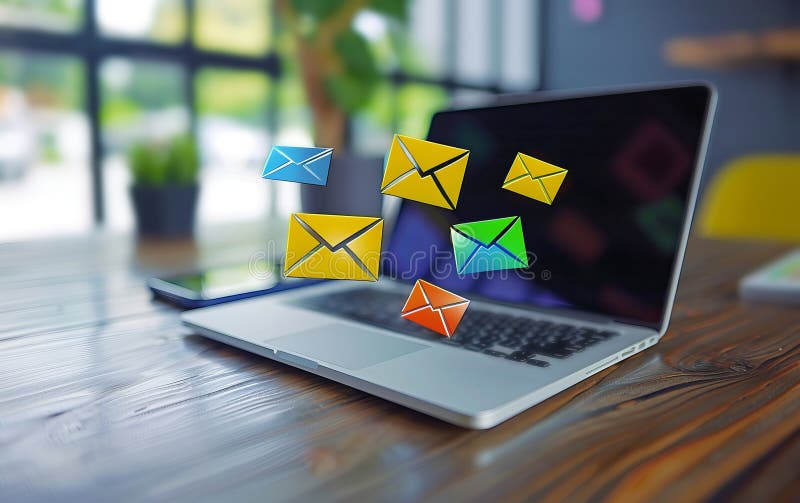 Email concept shown on a laptop used to send and receive e-mails. Email and sms marketing concept.  AI generated. Email concept shown on a laptop used to send and receive e-mails. Email and sms marketing concept.  AI generated