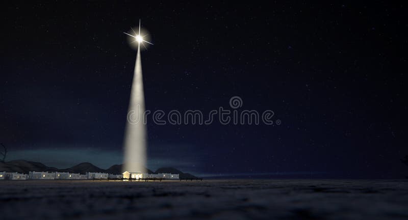 Christs birth in bethlehem with the isolated run down stable being lit by a bright star on a dark blue sky background. Christs birth in bethlehem with the isolated run down stable being lit by a bright star on a dark blue sky background